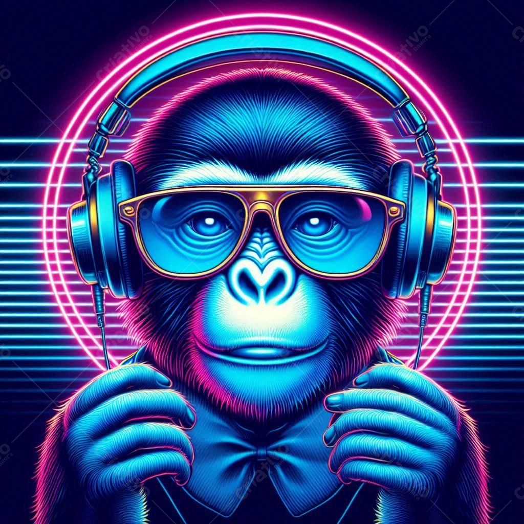Gorila com óculos e fone de ouvido estilo retro