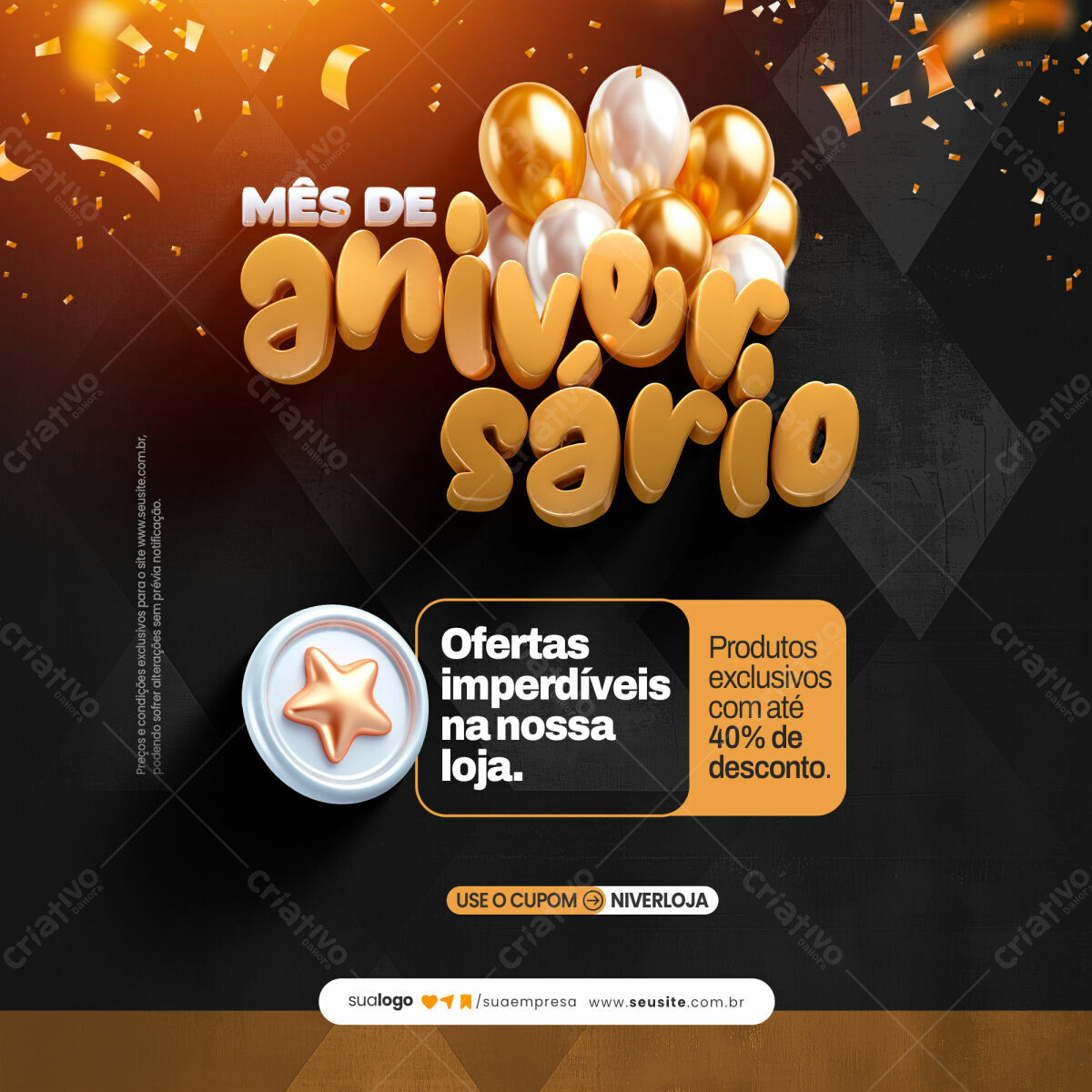 Flyer Aniversário com Balões Dourados e Brancos PSD Editável