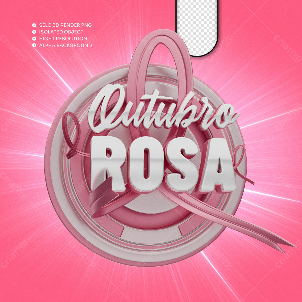 Selo 3D Outubro Rosa Rosa e Prata