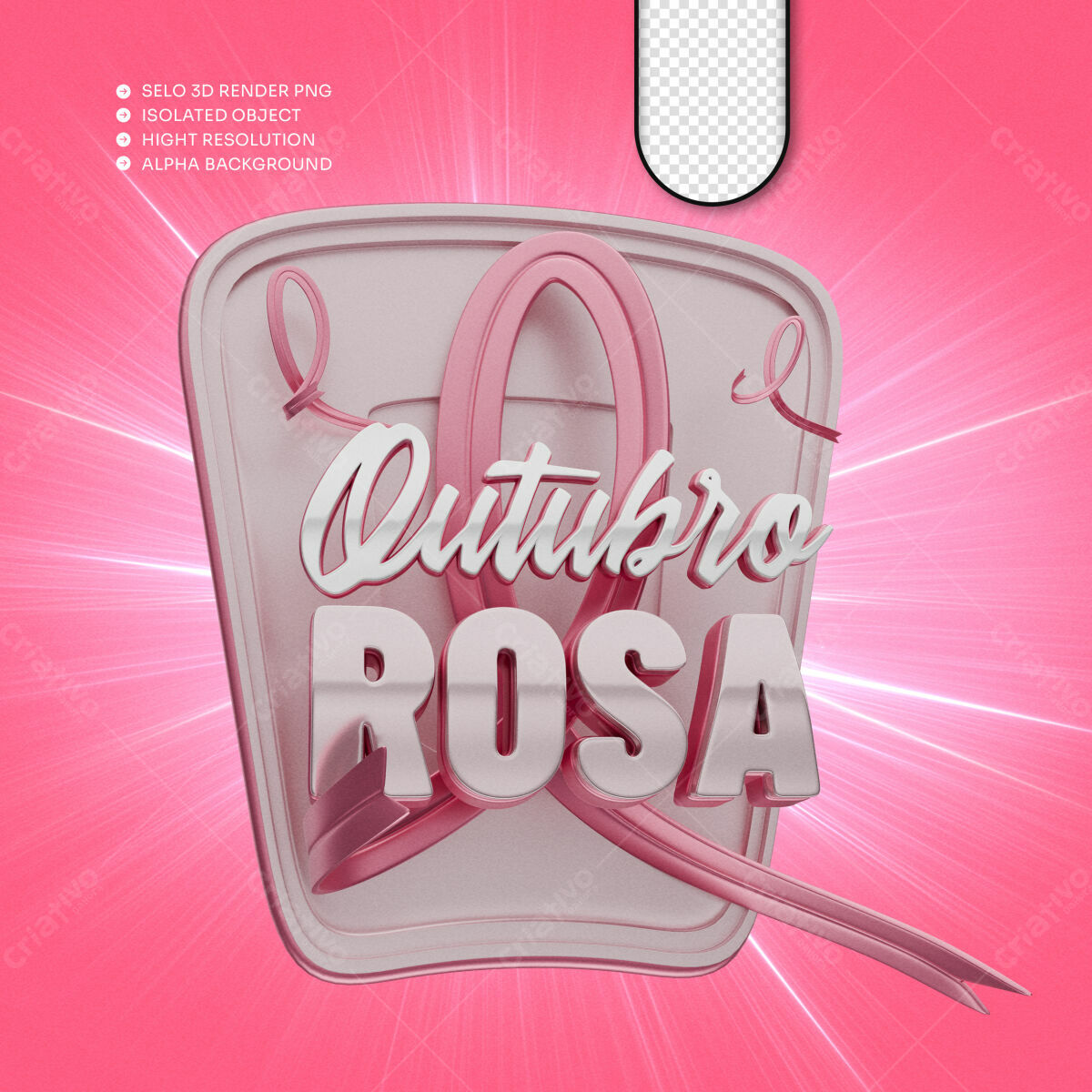 Selo 3D Outubro Rosa Rosa e Prata Metalizado