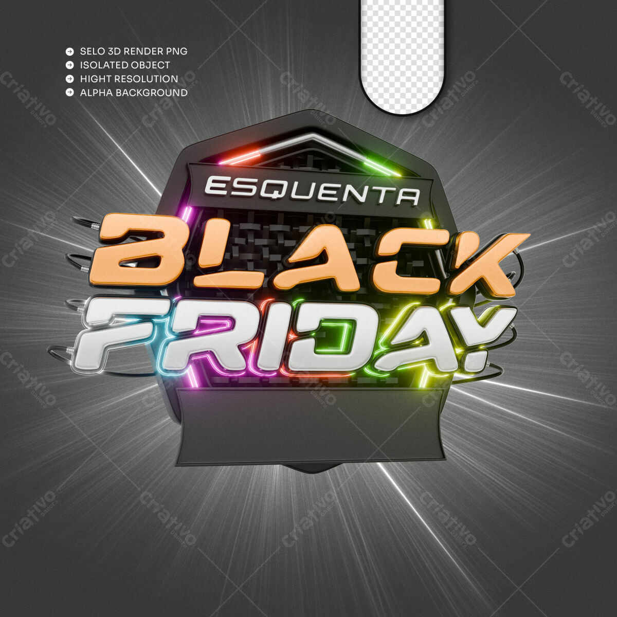 Selo 3D promocional Black Friday neon e laranja