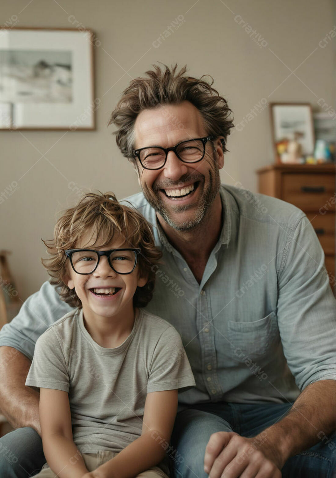 Pai e filho sorrindo juntos em casa