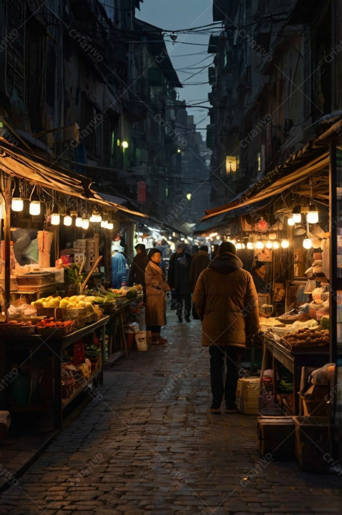 Mercado noturno asiático iluminado a gás
