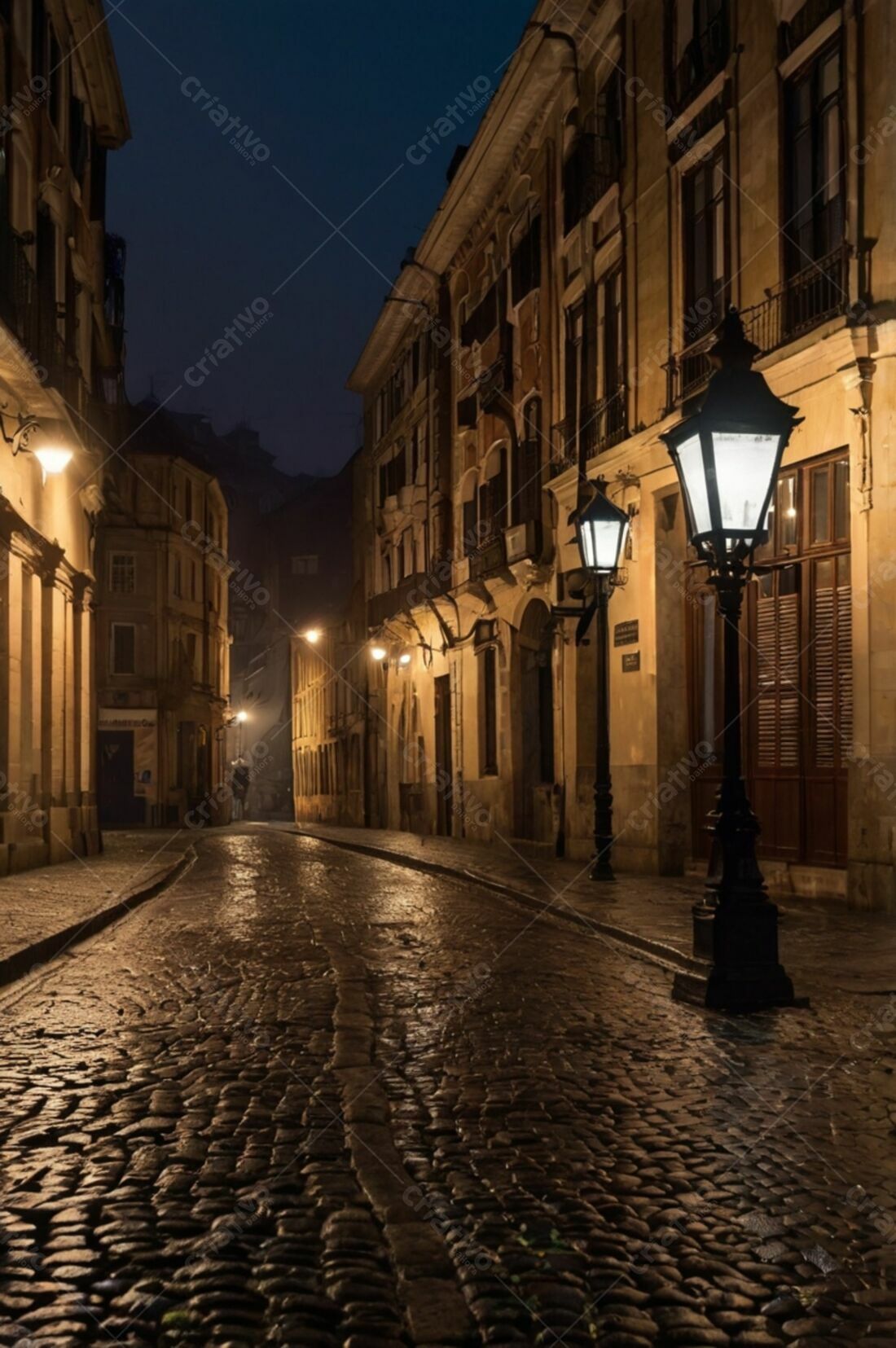 Rua de paralelepípedos iluminada à noite