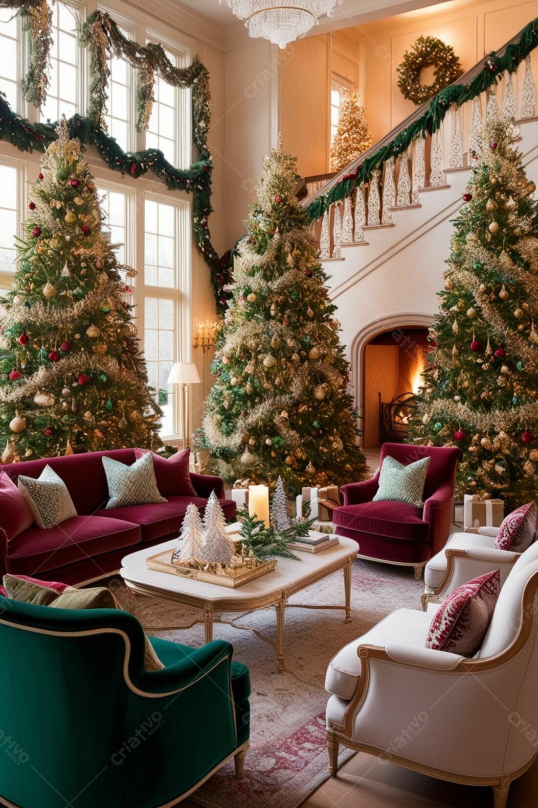 Sala de estar decorada para o Natal com árvores e sofás