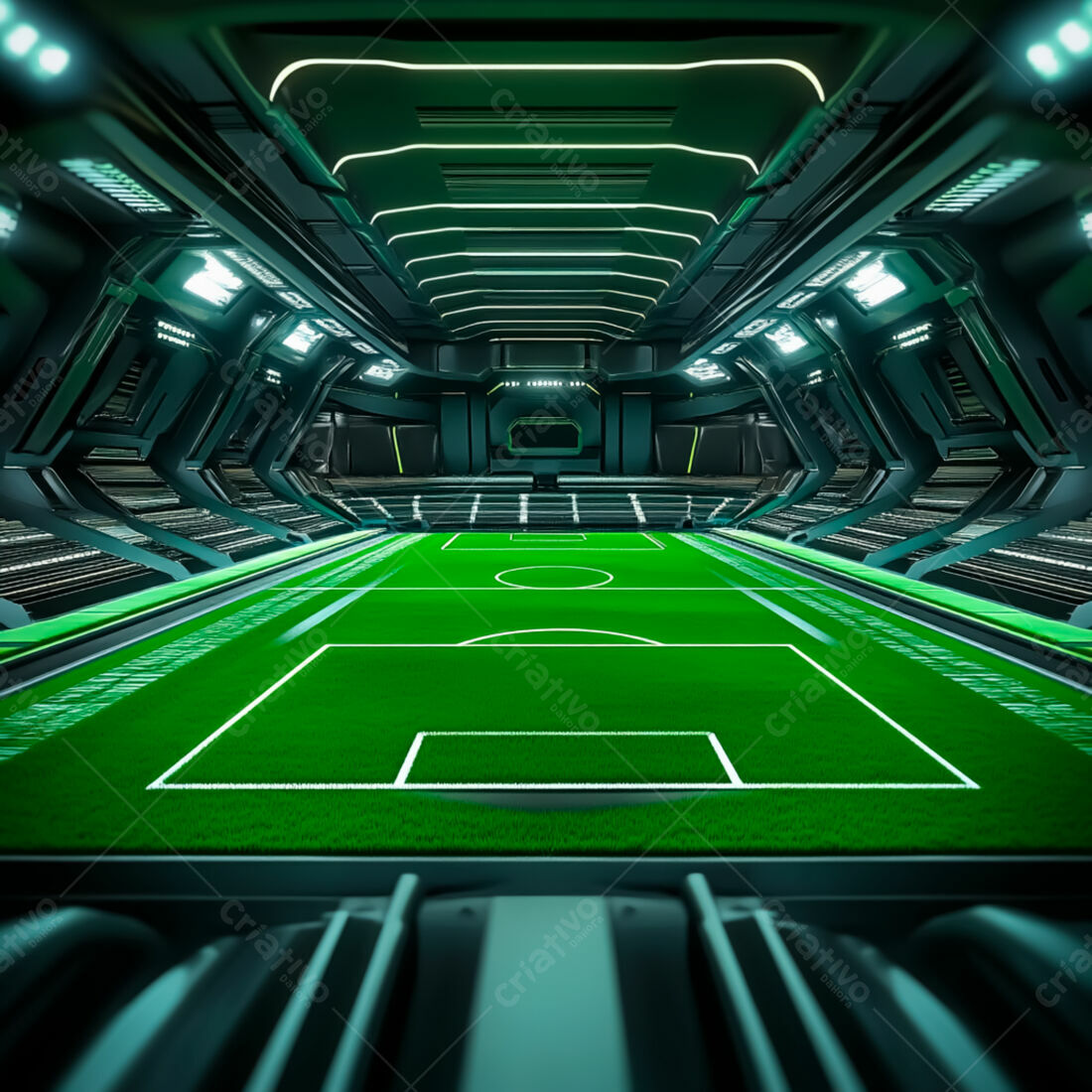 Campo de futebol futurista em arena verde e preta