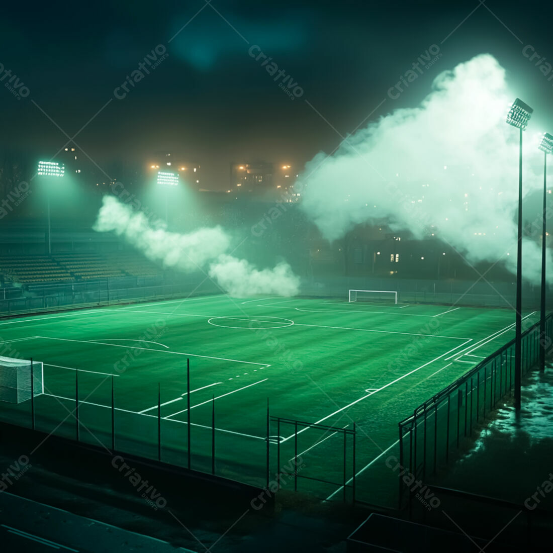 Campo de futebol noturno com fumaça verde