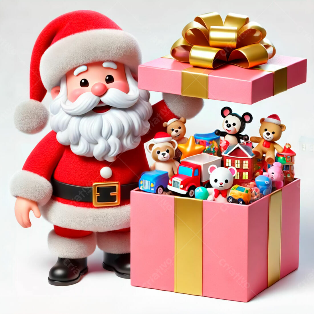 Papai Noel com brinquedos em caixa rosa Natal
