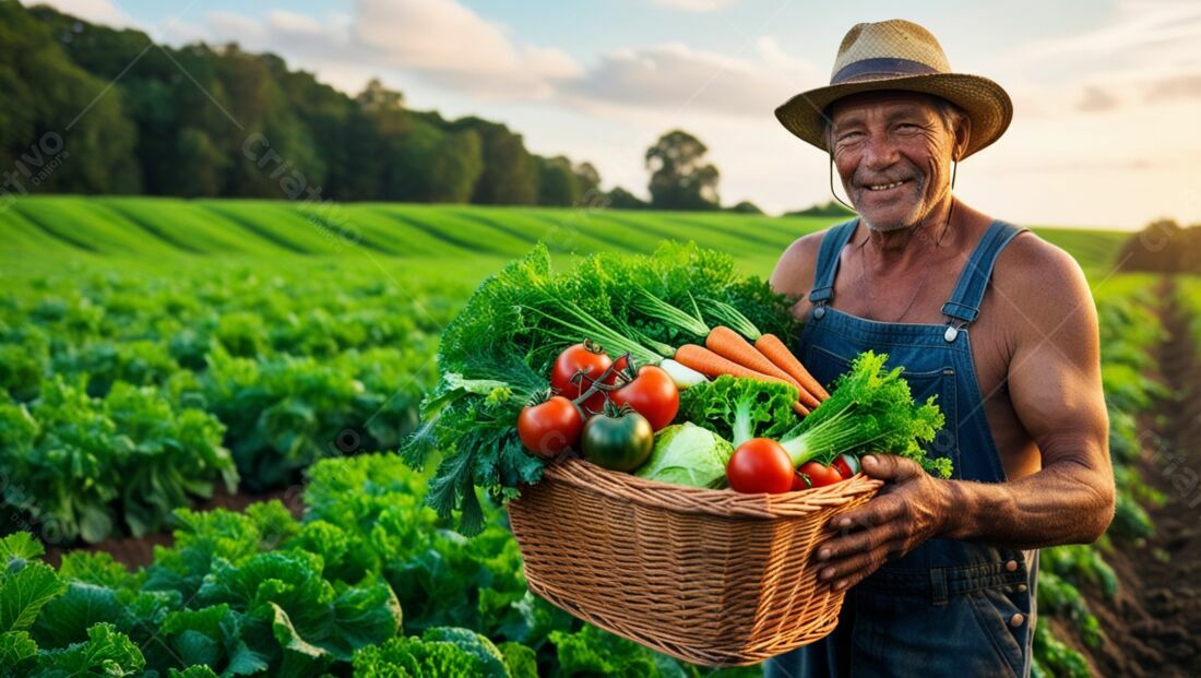 Fazendeiro feliz com cesta de legumes frescos