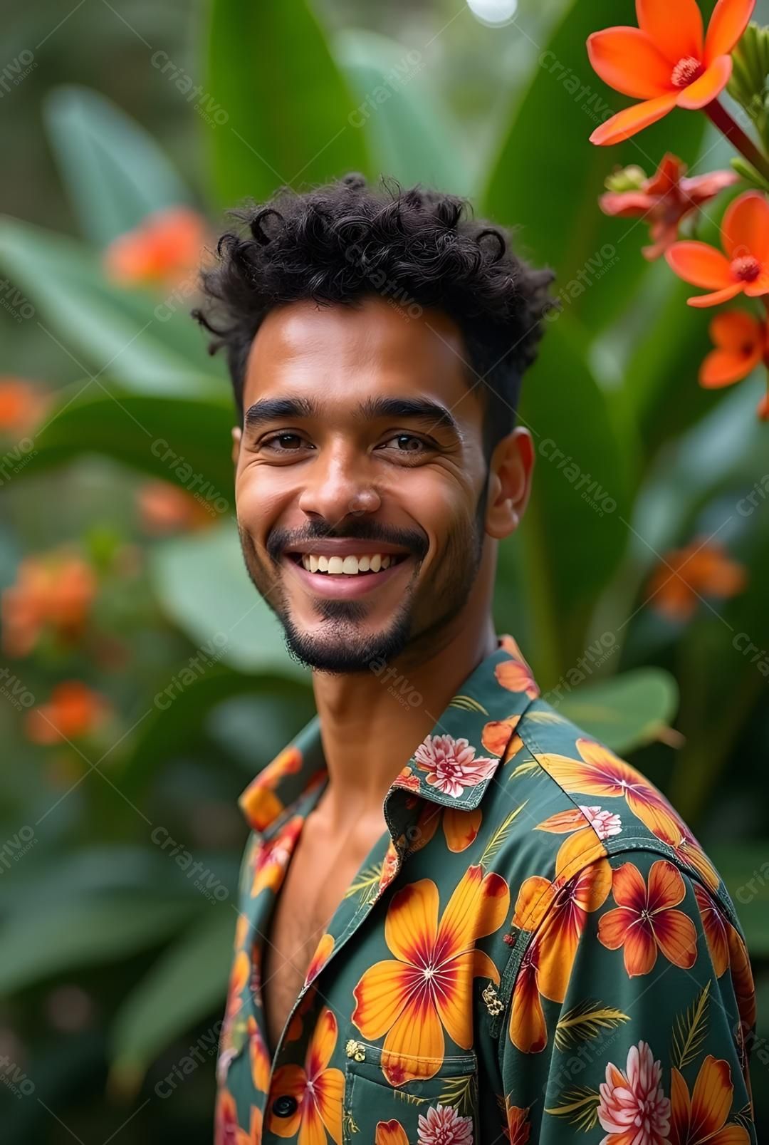 Homem sorridente com camisa floral em jardim