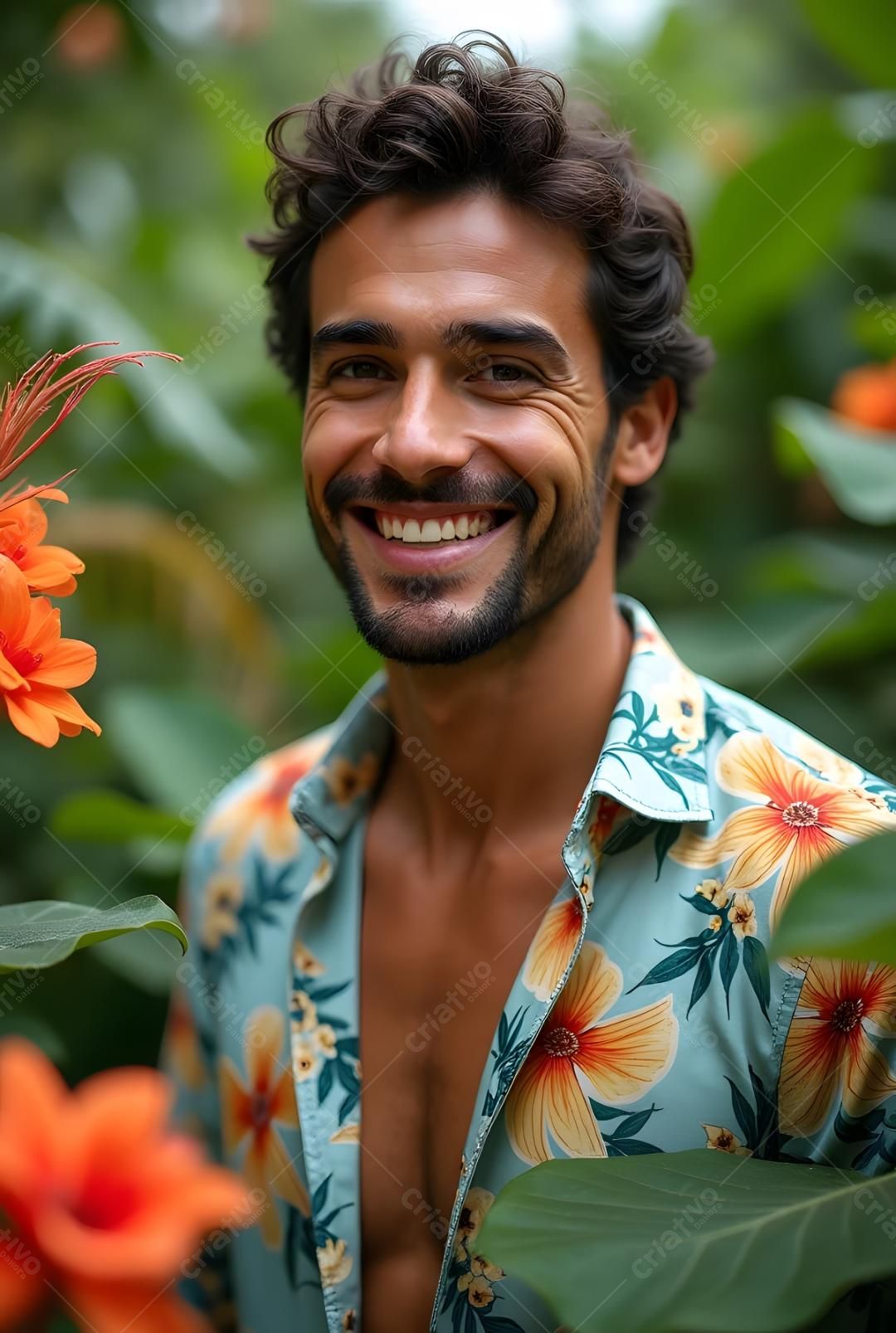 Homem sorridente em camisa floral jardim