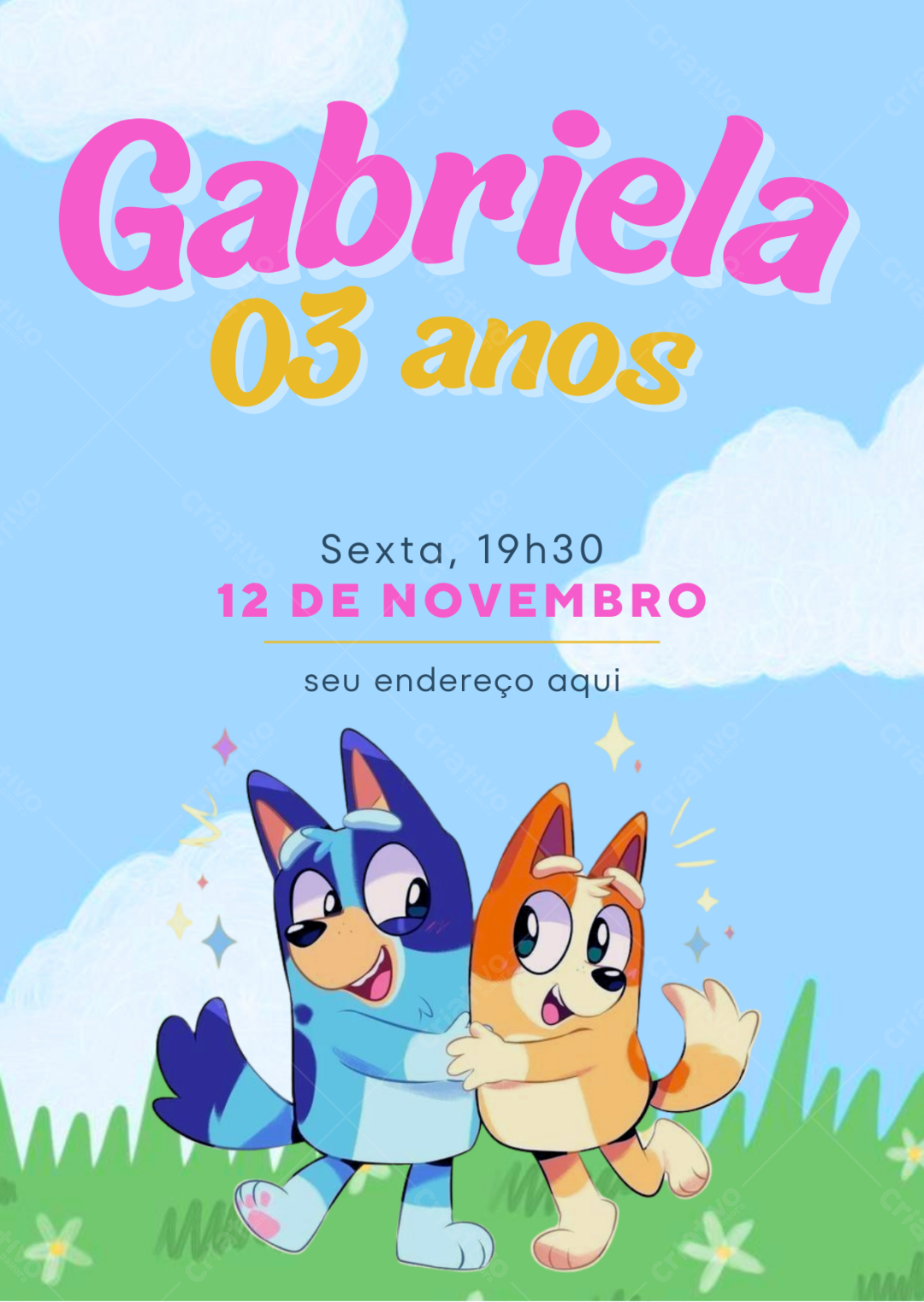 Convite de Aniversário Infantil Bluey e Bingo Editável no Canva