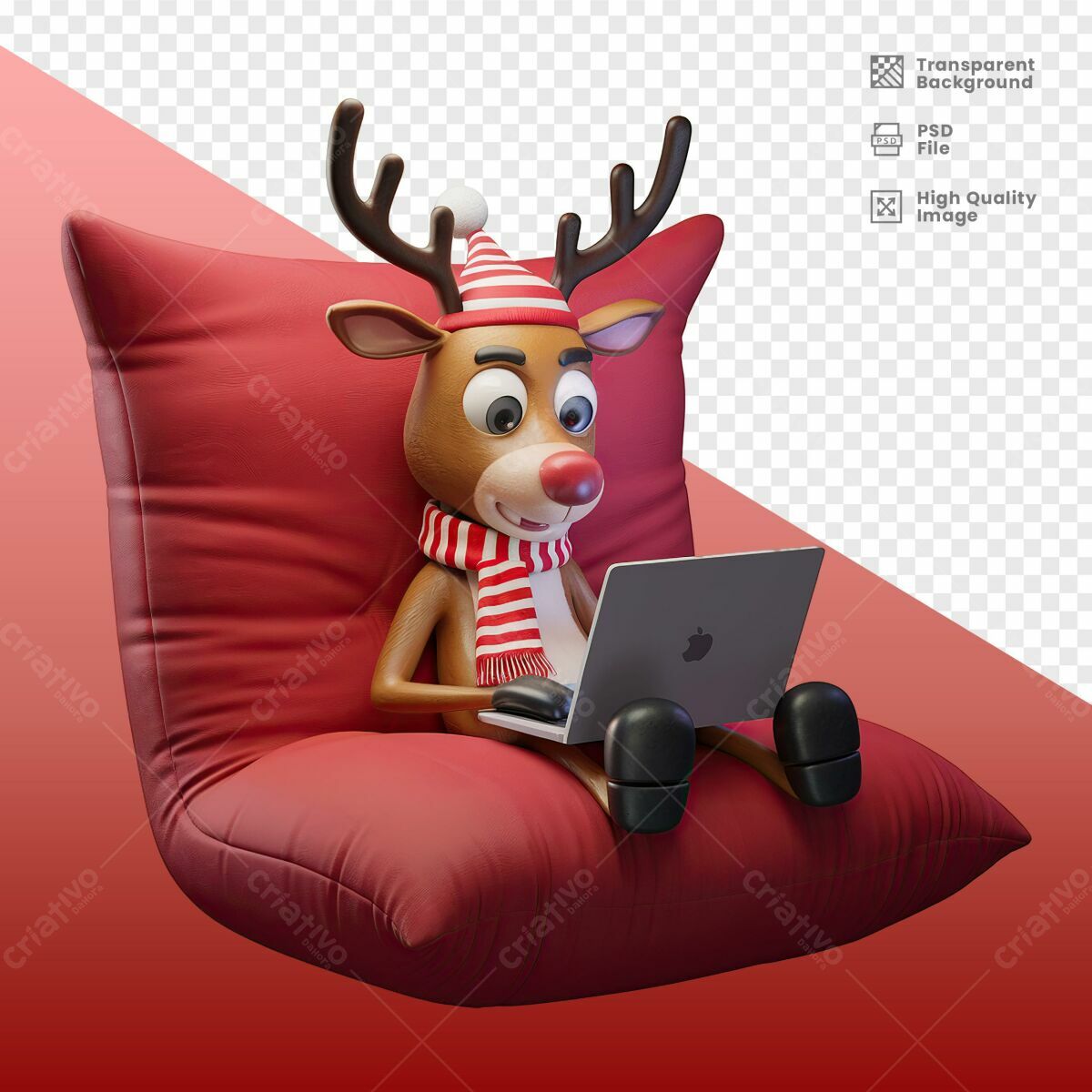 Ilustração Natalina Rena com Notebook PSD Editável