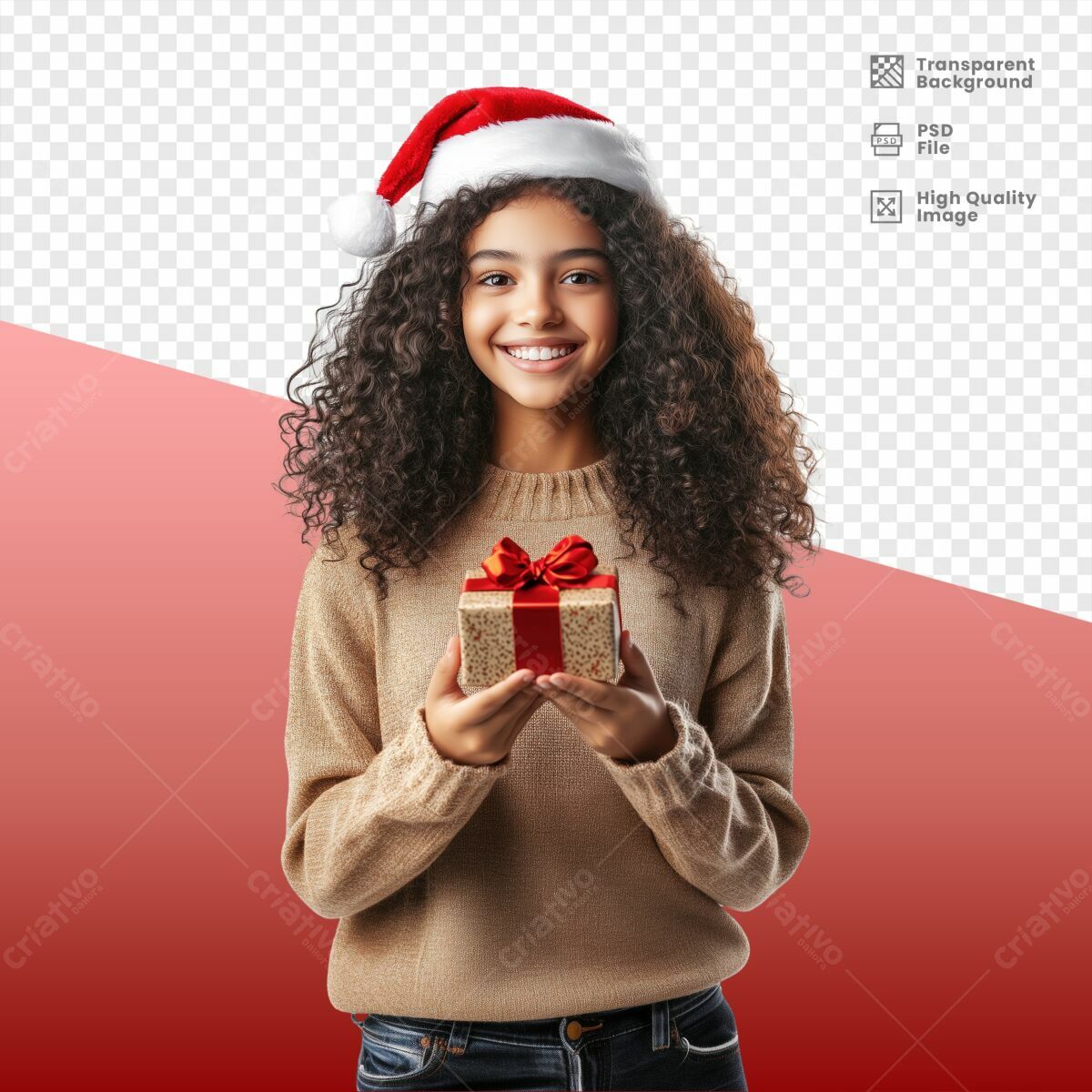 Imagem Natalina Menina com Presente PSD Editável