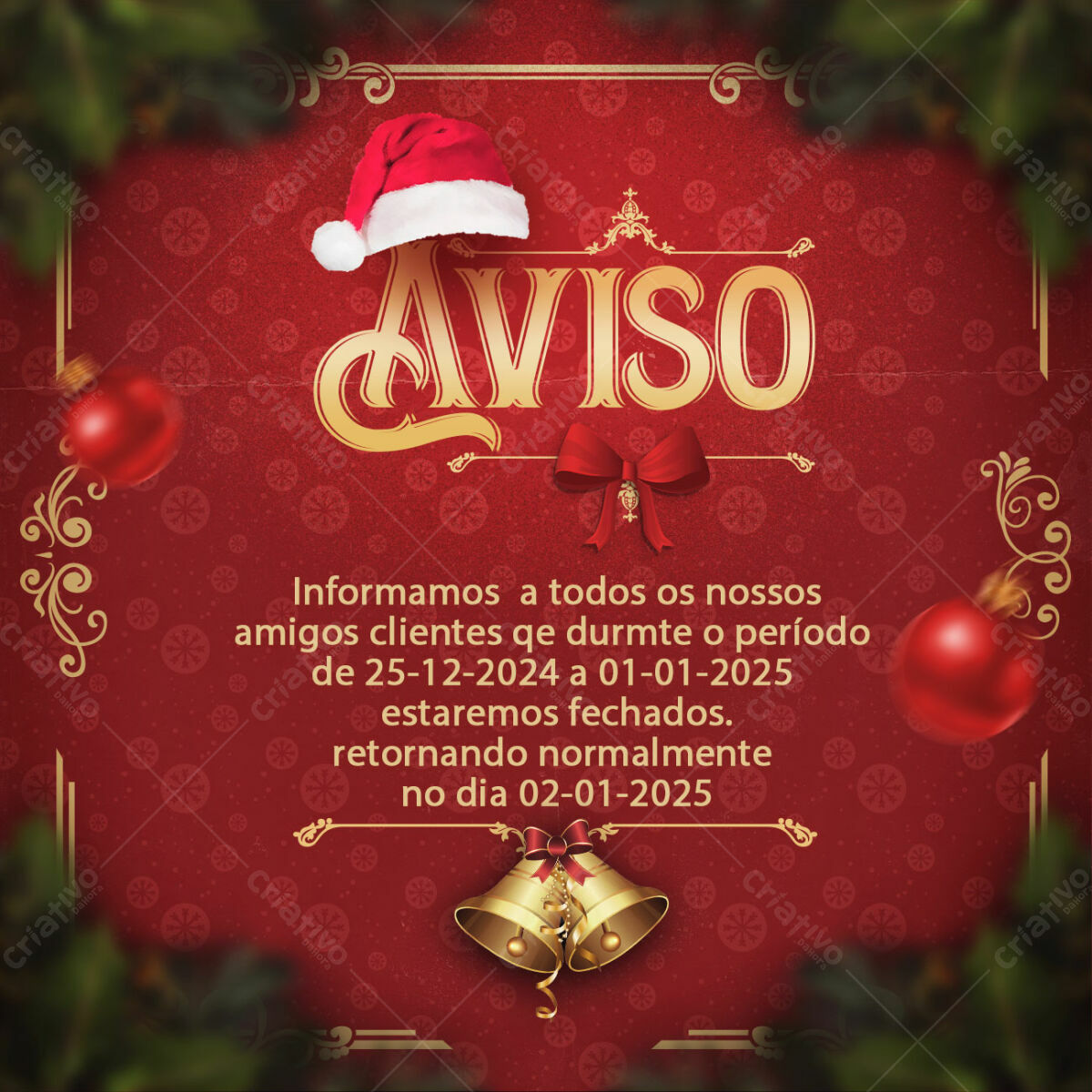 Aviso de Férias Natal PSD Editável
