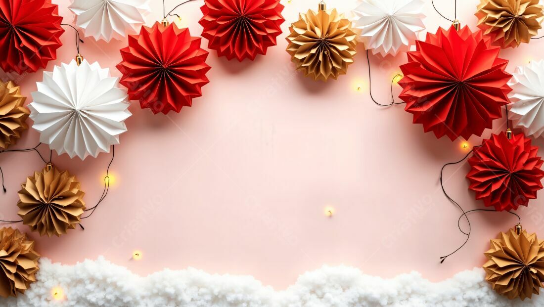 Decoração Natalina Flores de Papel Vermelho e Dourado