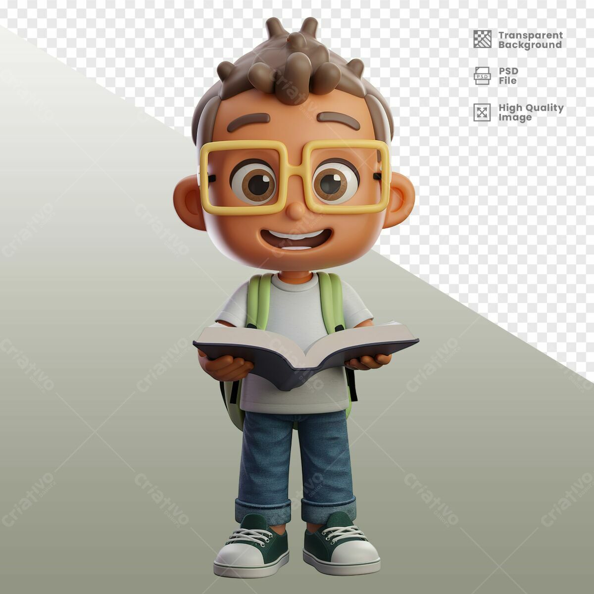 Personagem Cartoon Menino Lendo Livro PSD Editável