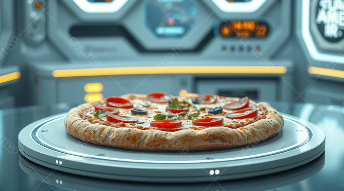 Pizza pepperoni em plataforma futurista
