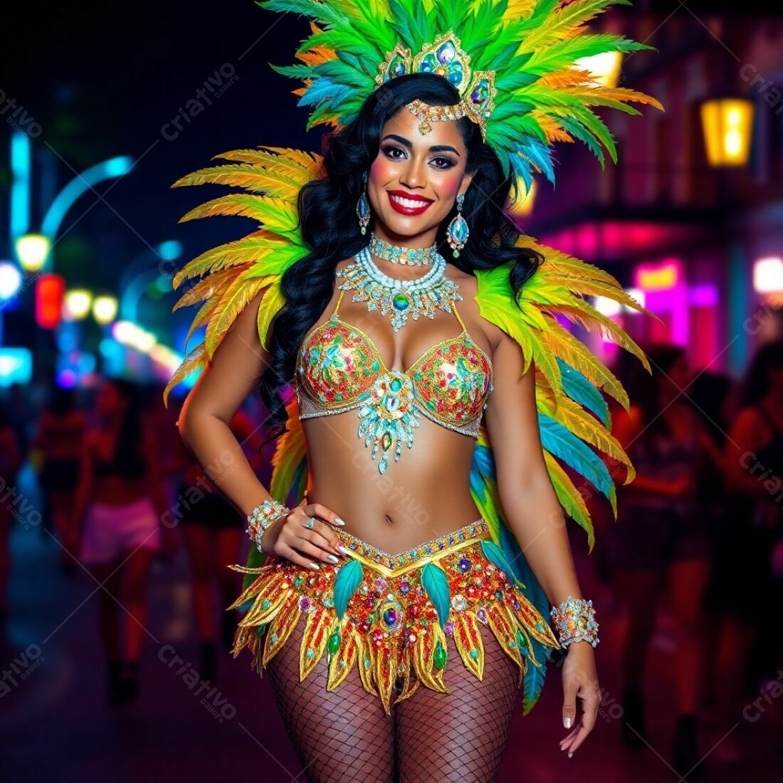 Modelo em fantasia de Carnaval com penas vibrantes