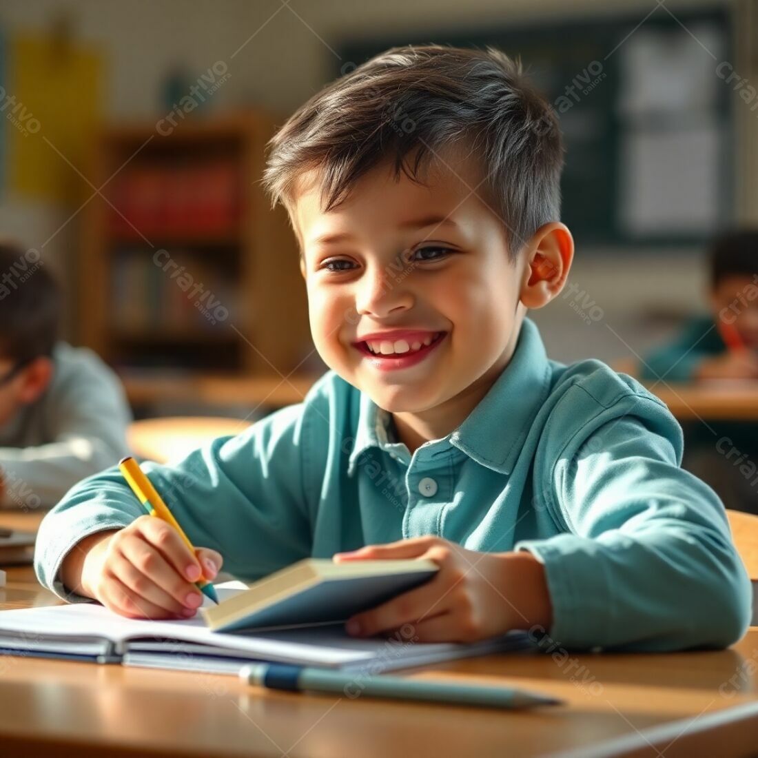 Criança feliz escrevendo na escola