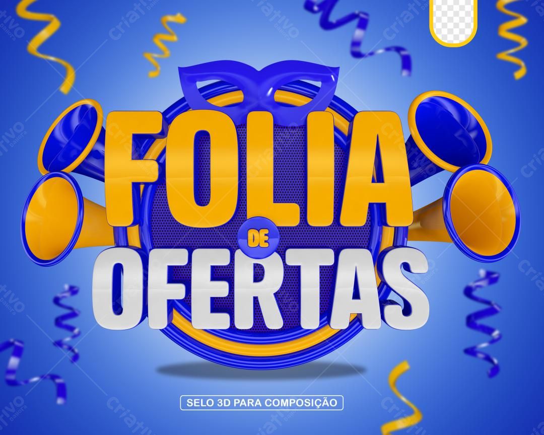 Selo 3D promocional azul e amarelo com trombetas