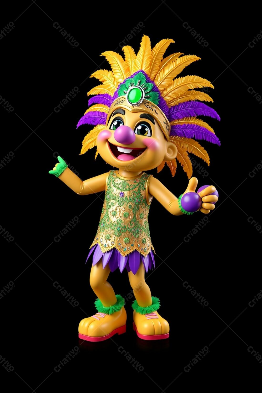 Mascote alegre em traje de carnaval dourado e roxo