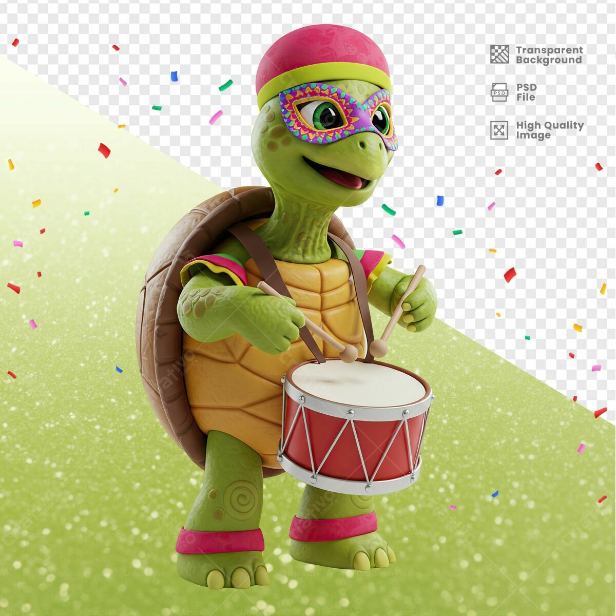 PSD Tartaruga Carnavalesco com Tamborim PSD Editável