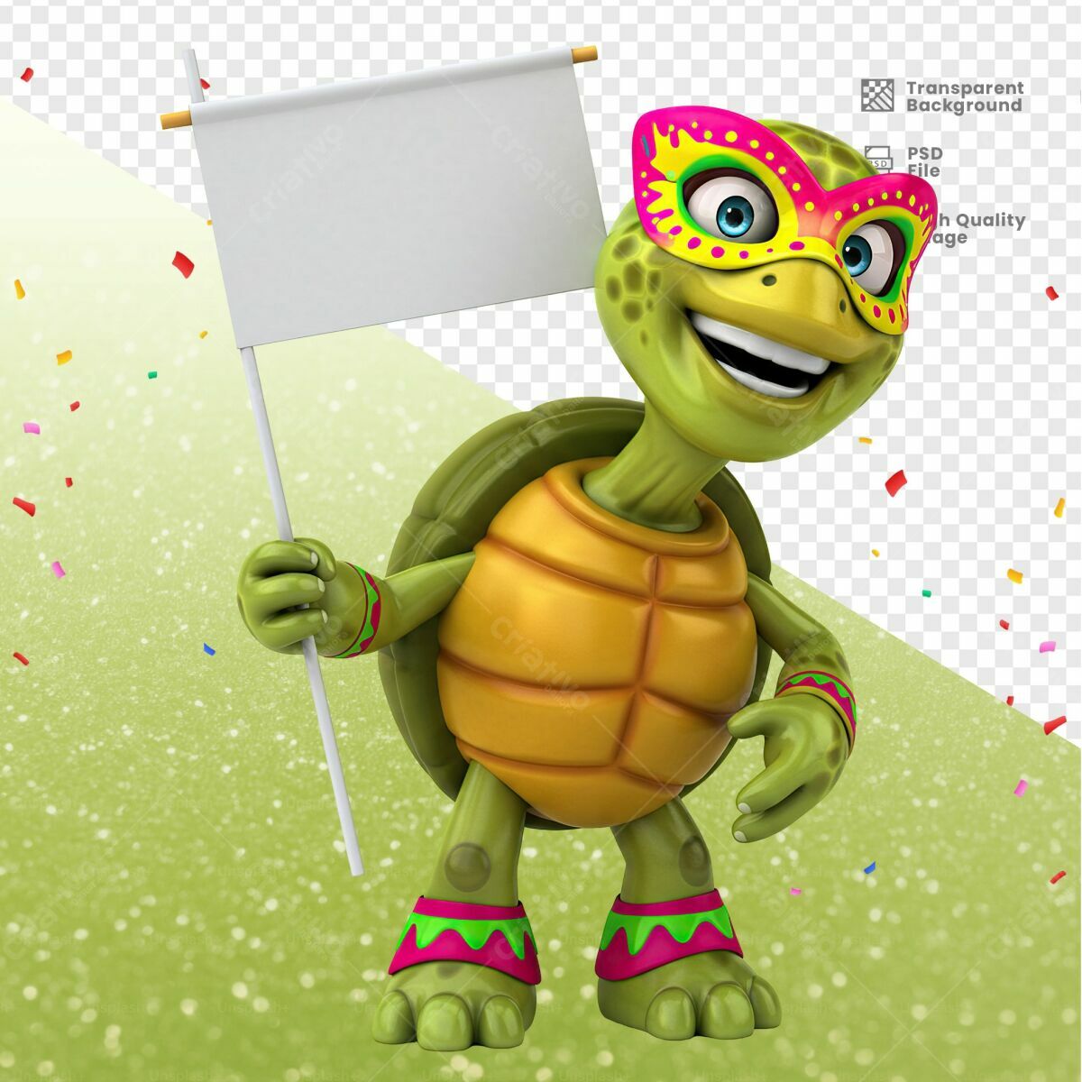 PSD Tartaruga Carnavalesca com Bandeira para Festa PSD Editável