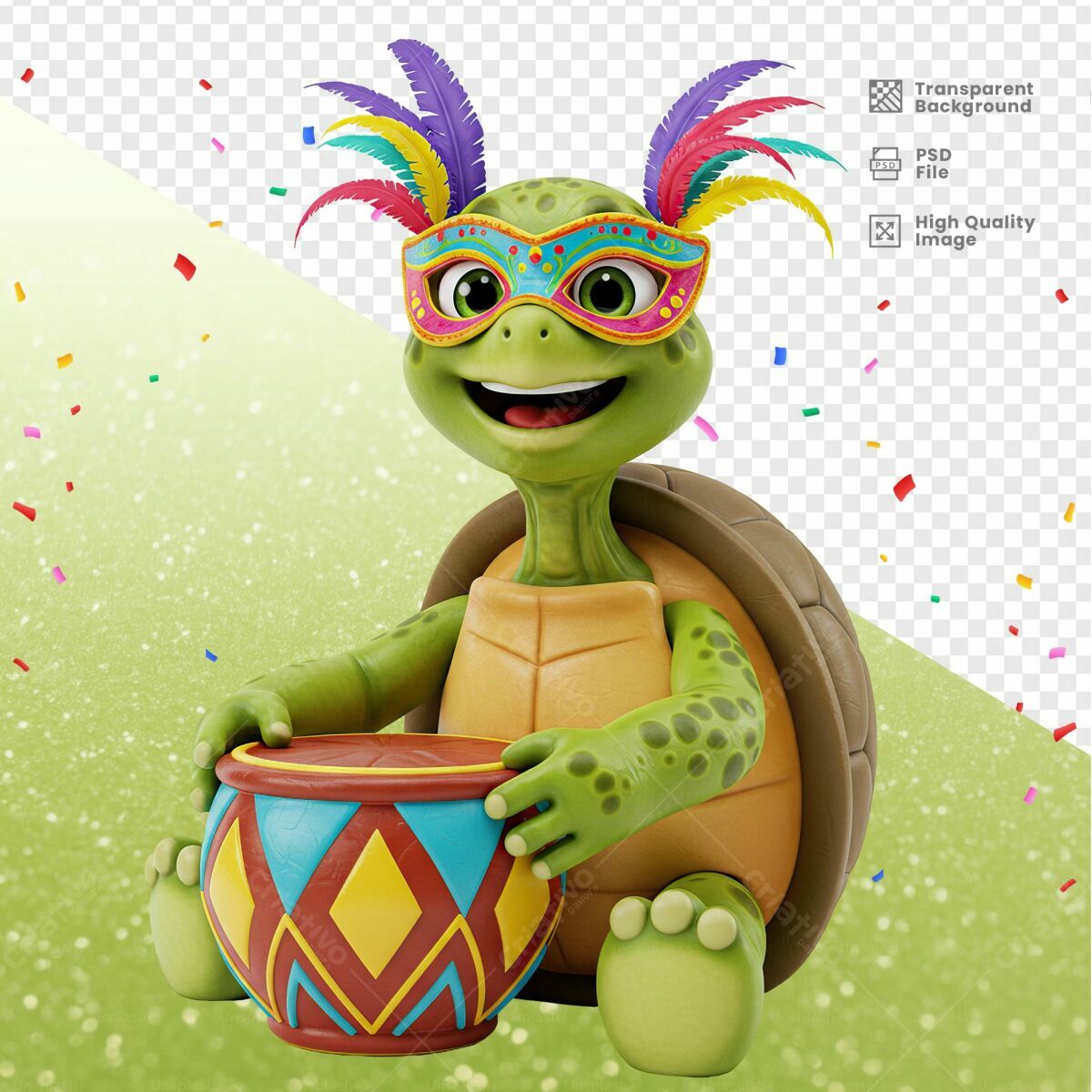 PSD Tartaruga Carnavalesca com Tamborim PSD Editável
