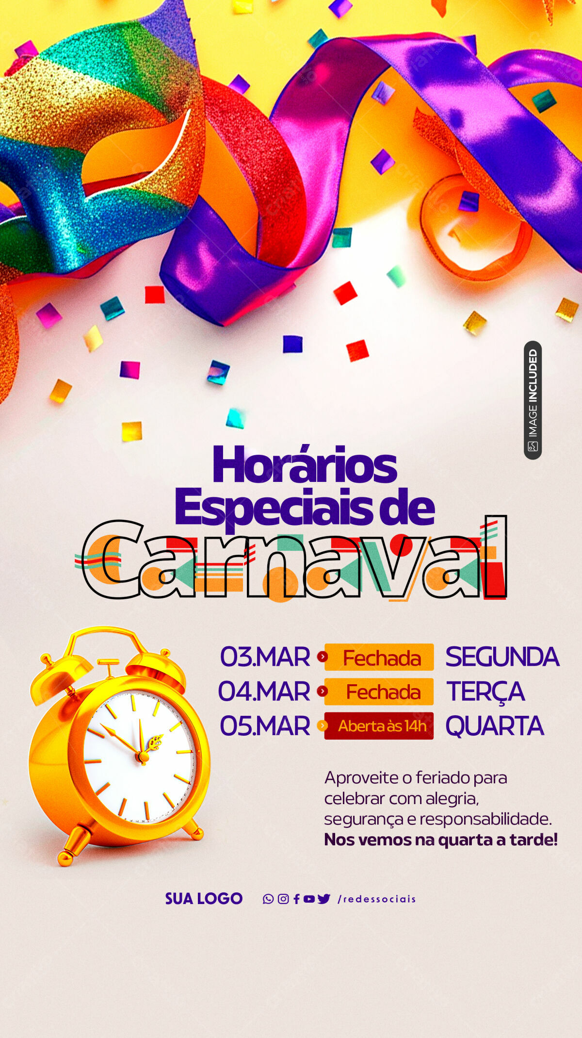 Flyer Carnaval Horários Especiais PSD Editável