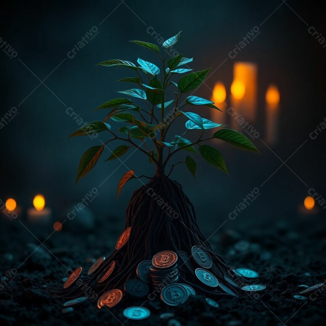 Planta crescendo sobre Bitcoins