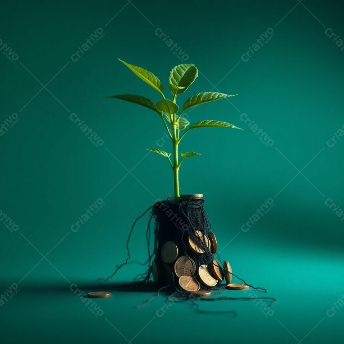 Planta crescendo em moedas fundo verde