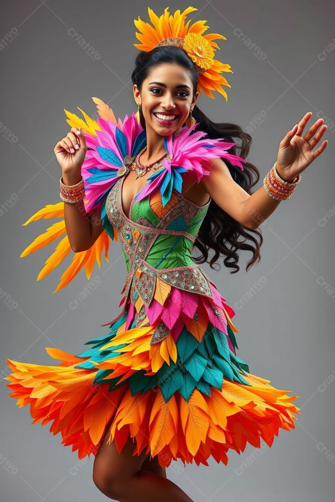 Bailarina com fantasia colorida e penas