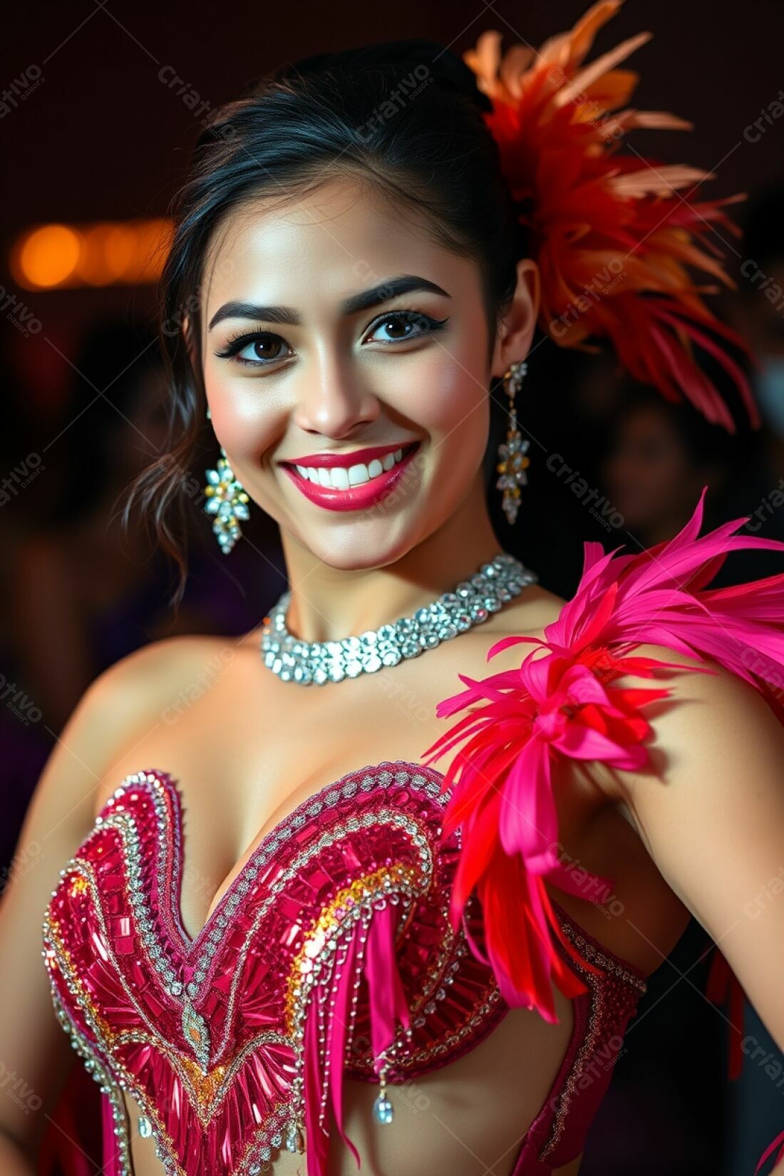 Bailarina sorridente em traje vermelho e penas