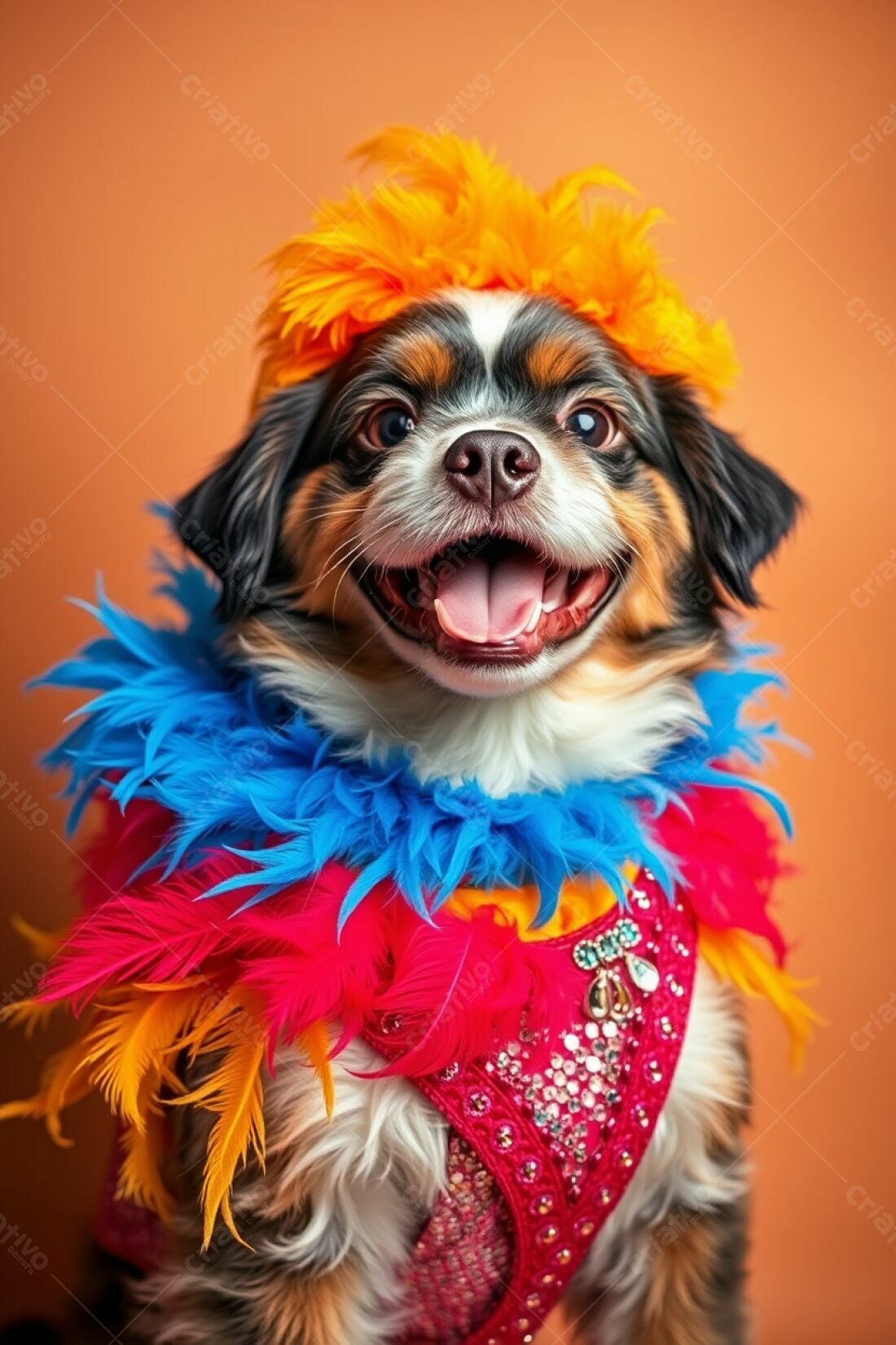 Happy dog in colorful costume