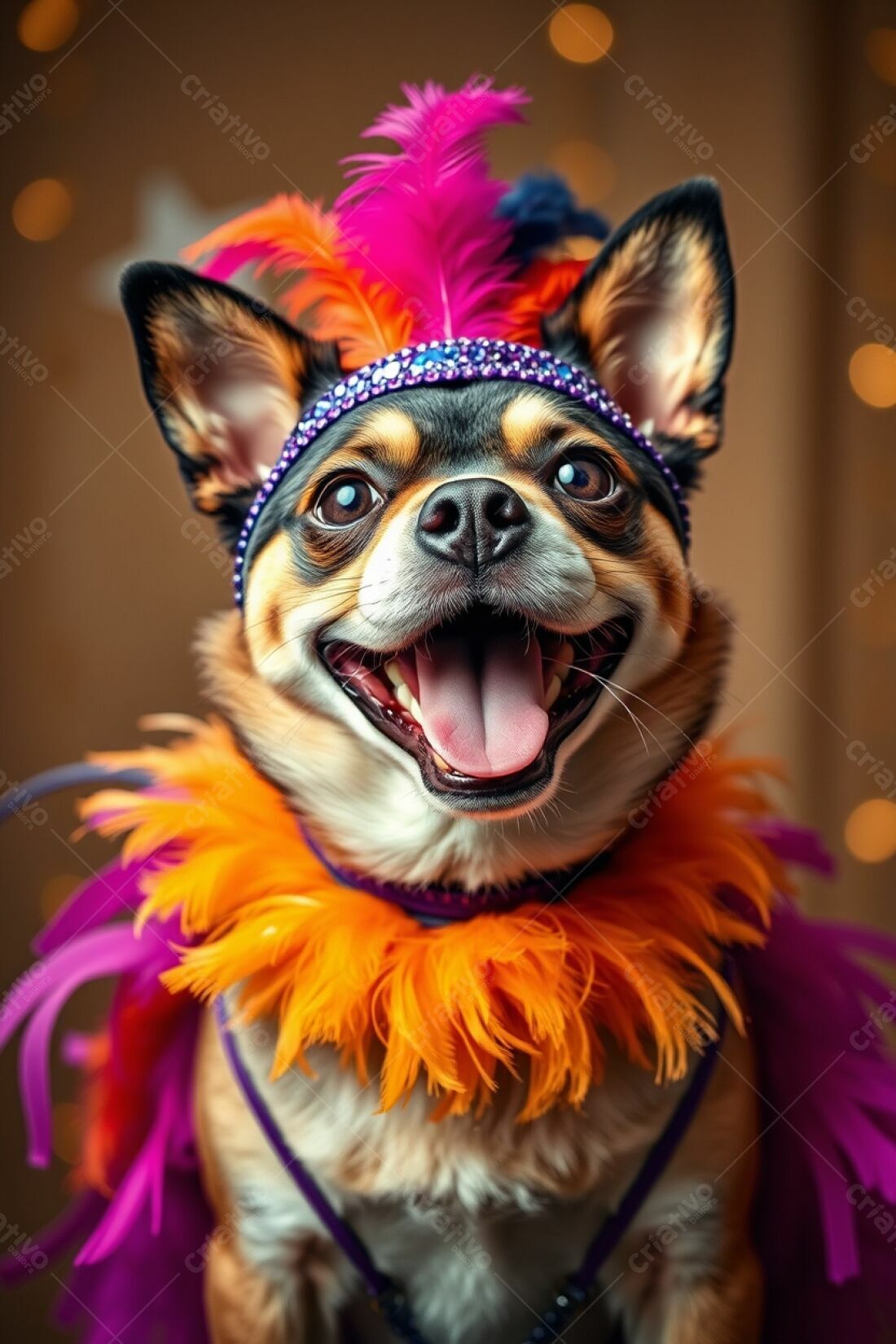 Chihuahua sorridente com fantasia de carnaval