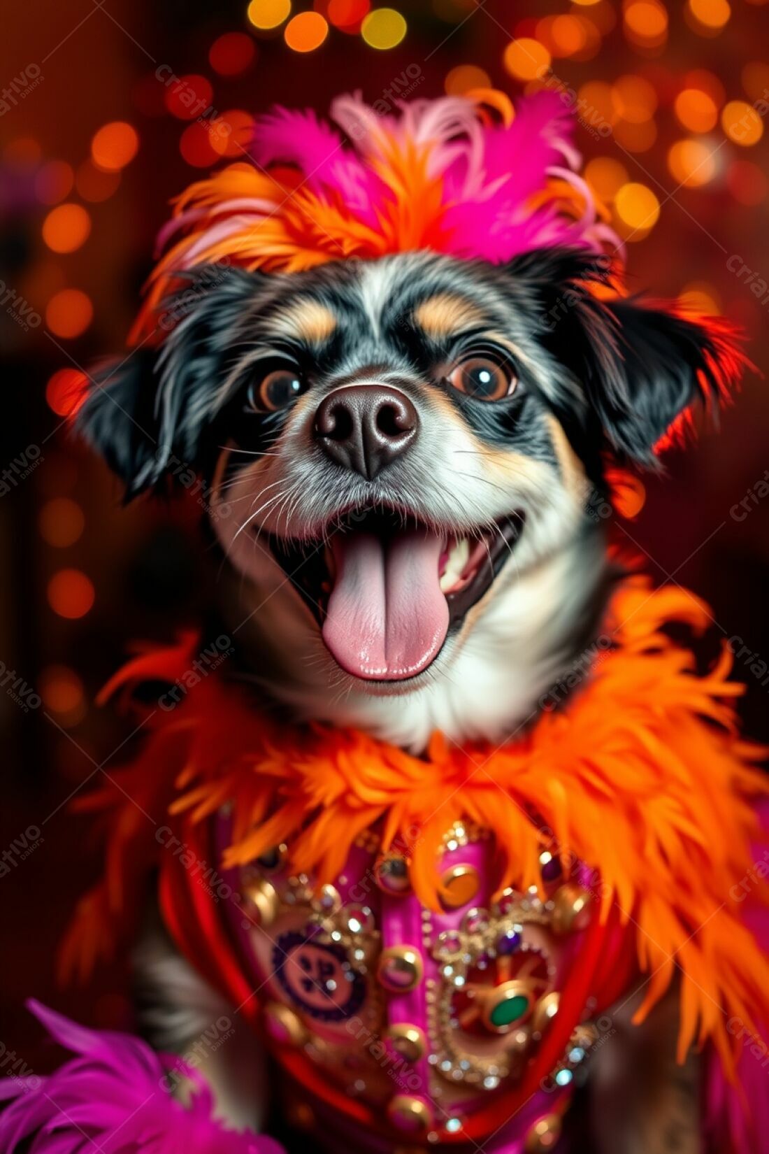 Cachorro feliz em fantasia colorida