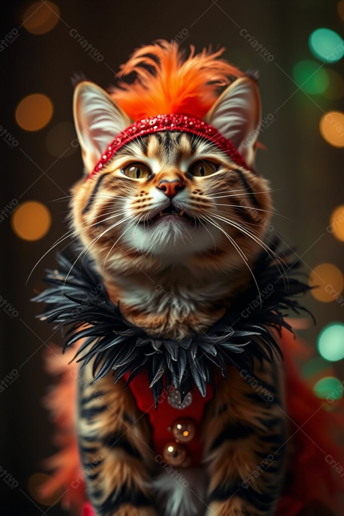 Gato com fantasia de show em fundo festivo
