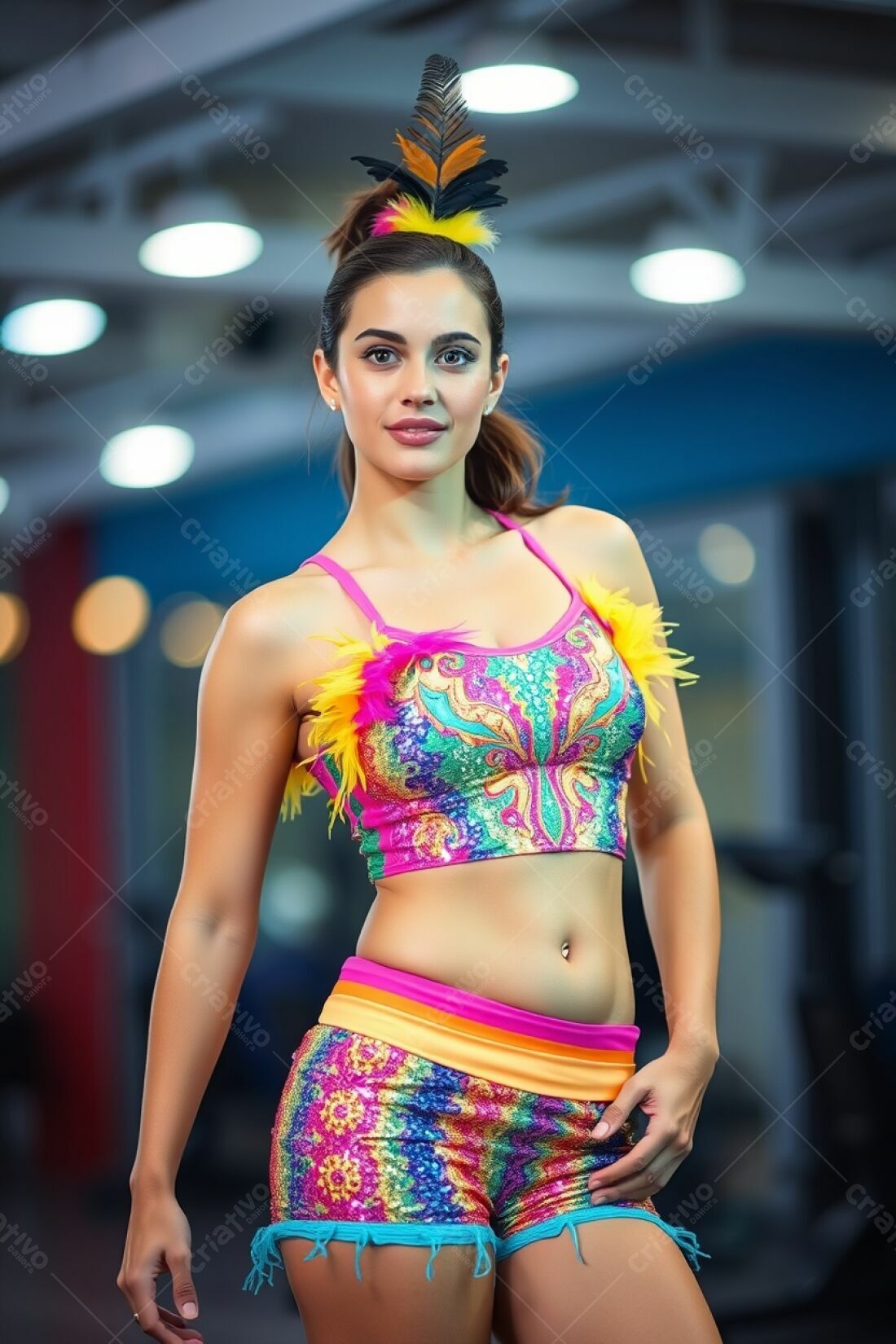 Mulher em traje carnavalesco colorido