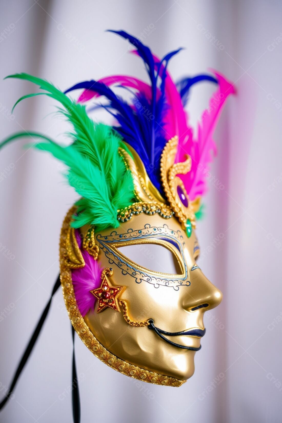 Máscara veneziana dourada com penas coloridas