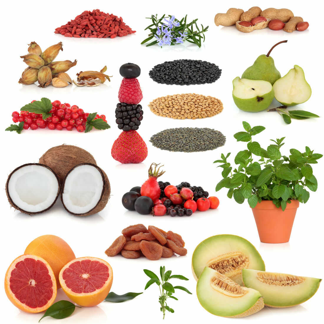 Coleção de frutas secas e frescas variedade de cores
