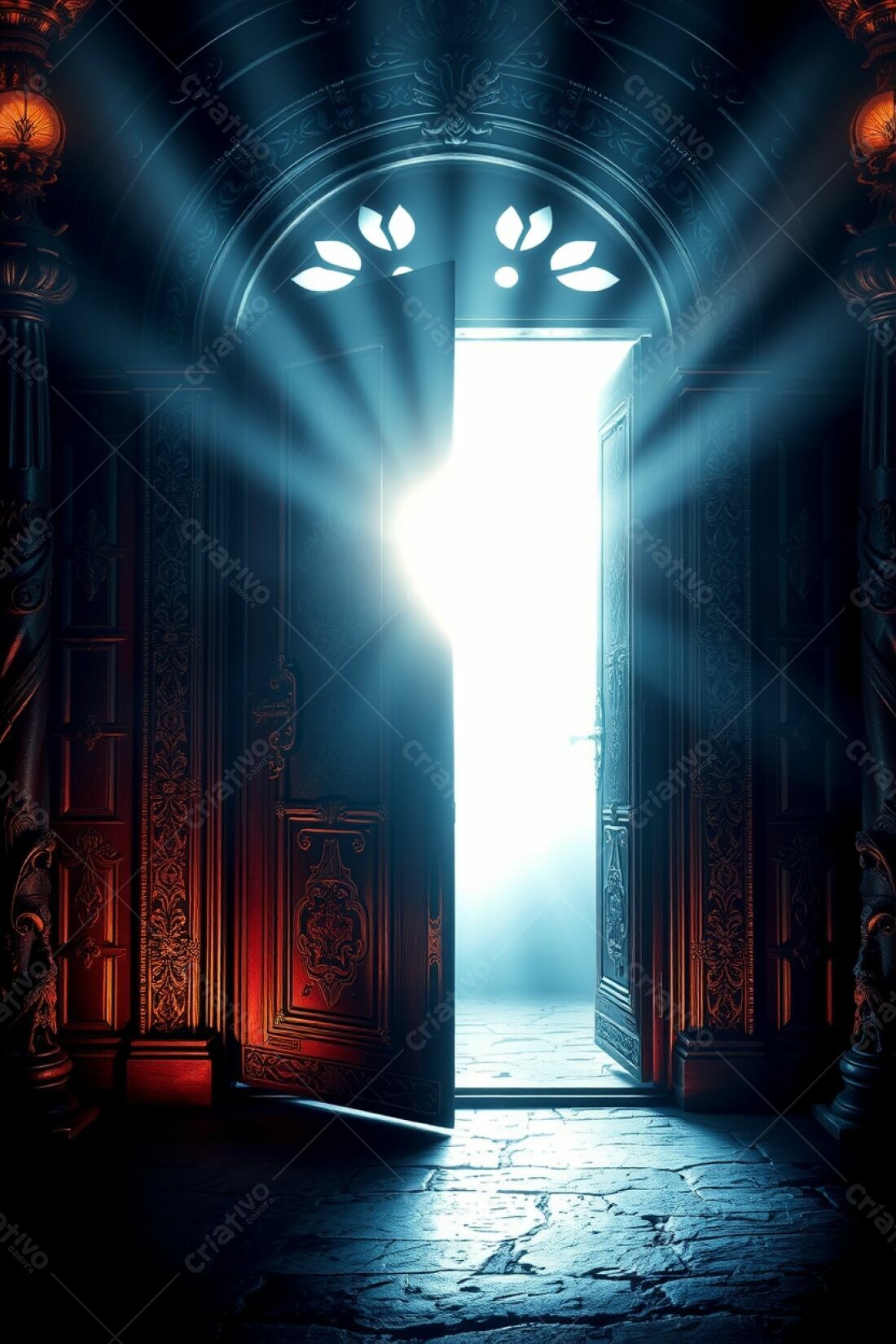 Mysterious light through open door in dark room