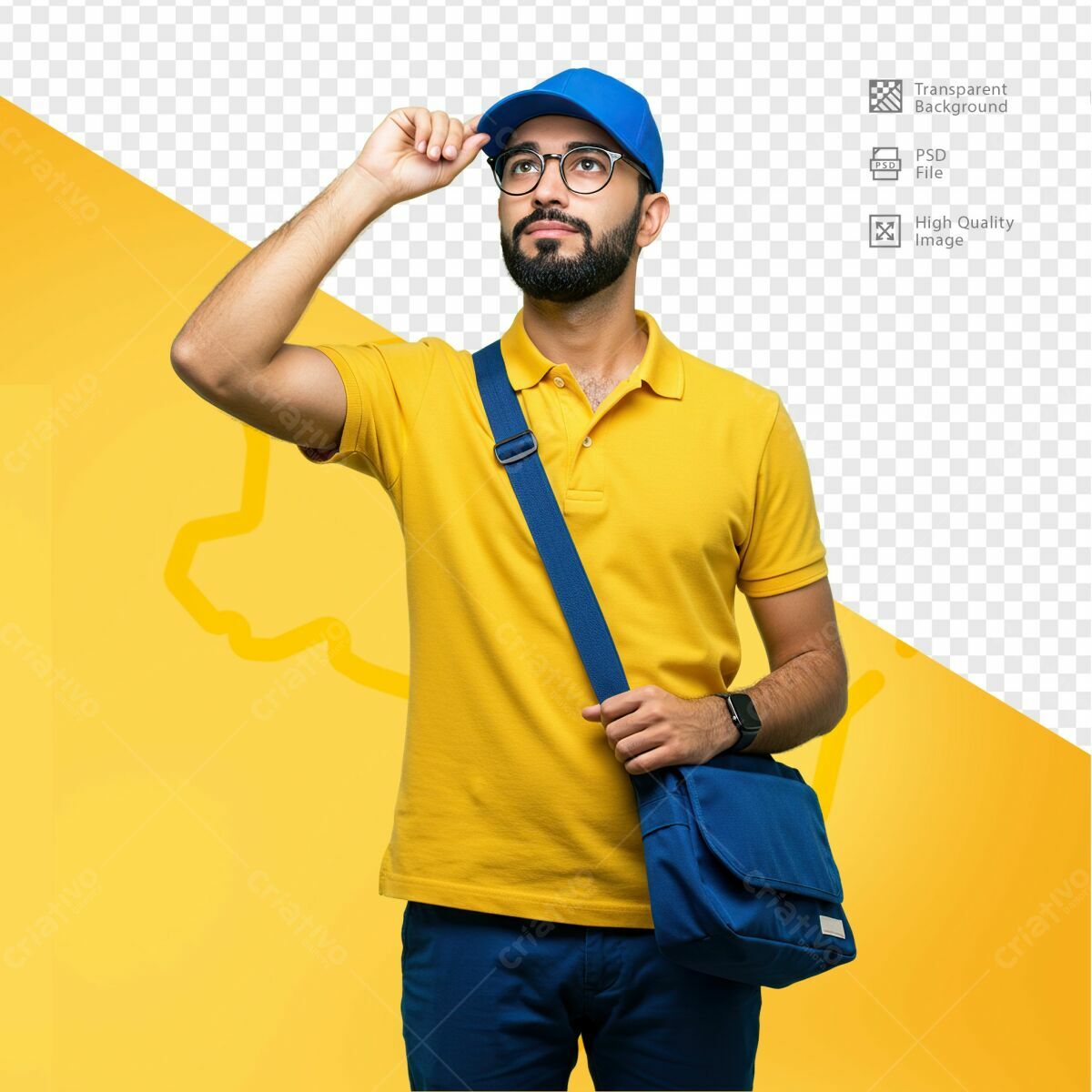 PSD Mockup de Entregador com Bolsa Azul e Amarelo
