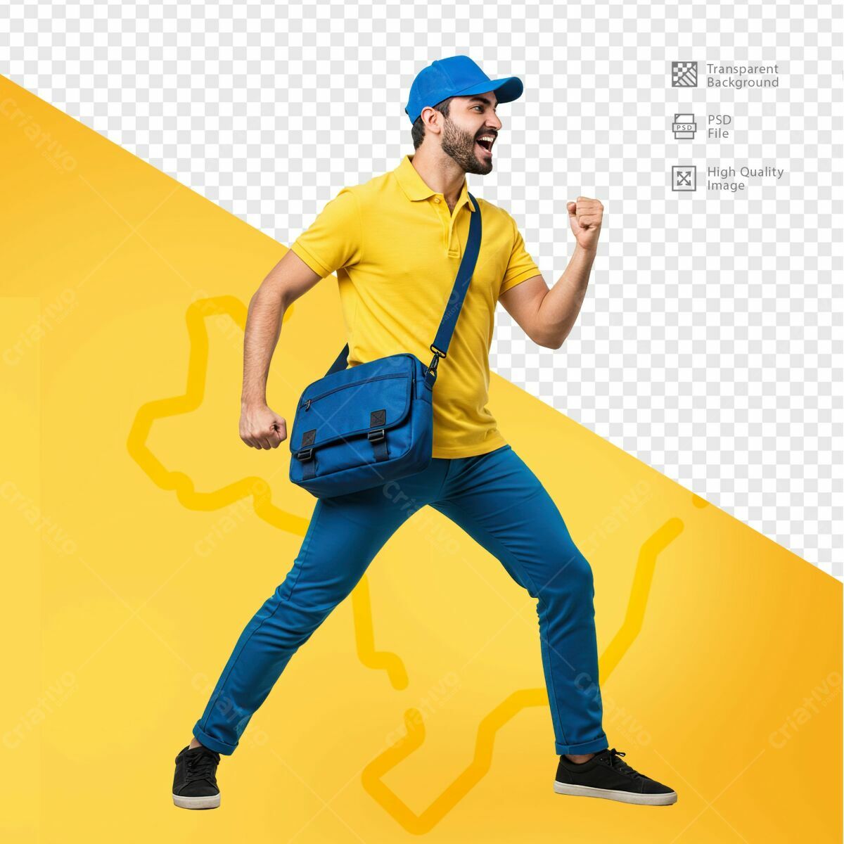 PSD Entregador Feliz com Bolsa Azul e Amarelo PSD Editável
