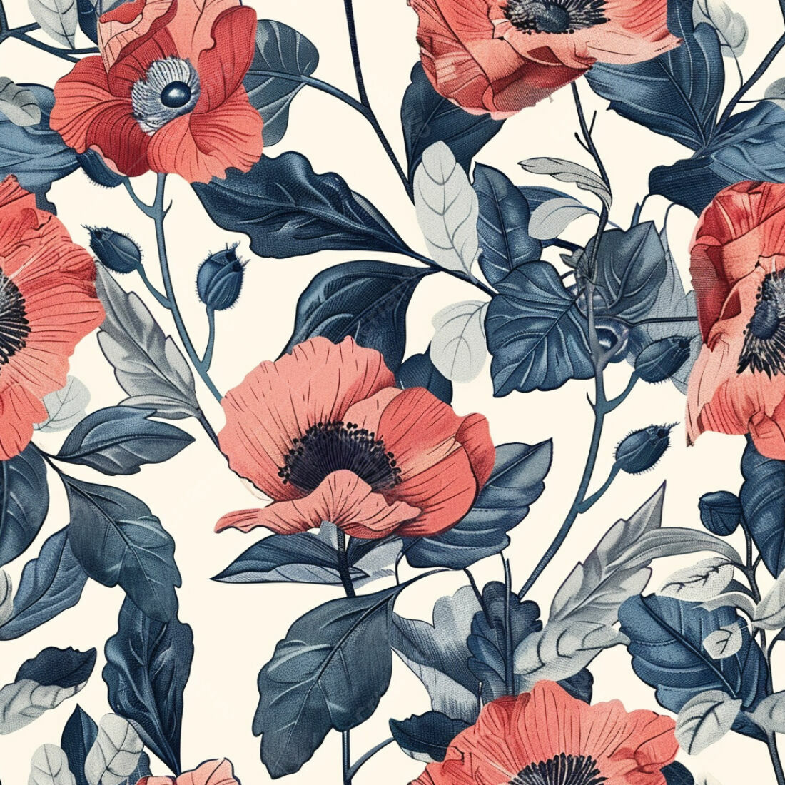 Textura floral papoula tons rosa e azul para papel de parede