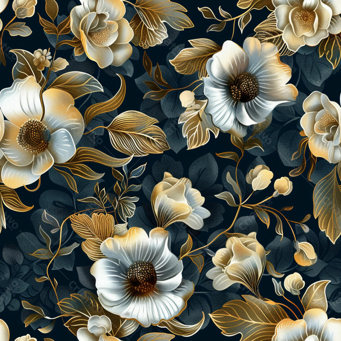 Textura Floral Dourada e Branca para Papel de Parede