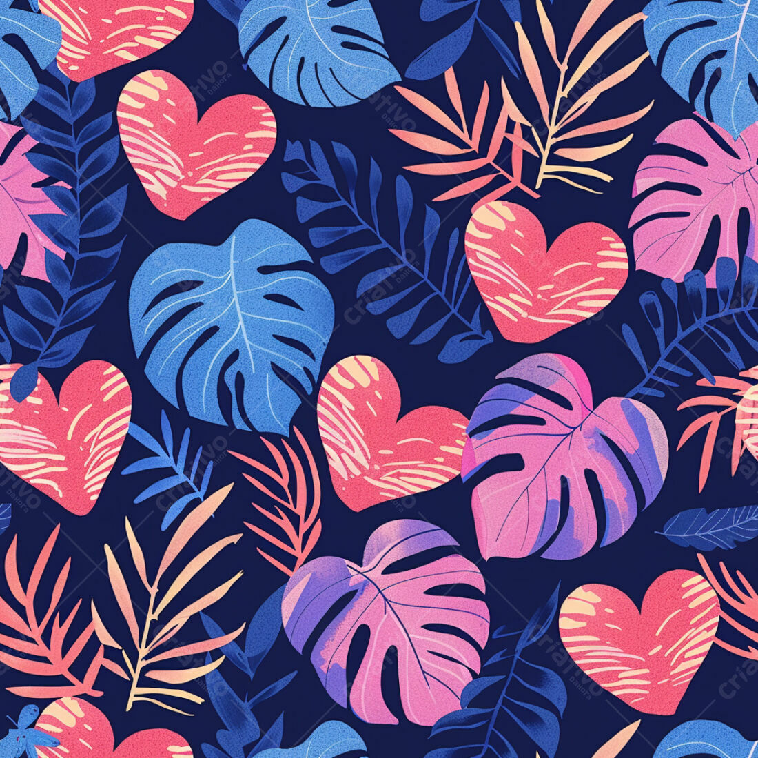 Textura Folhas Tropicais e Corações para Fundo