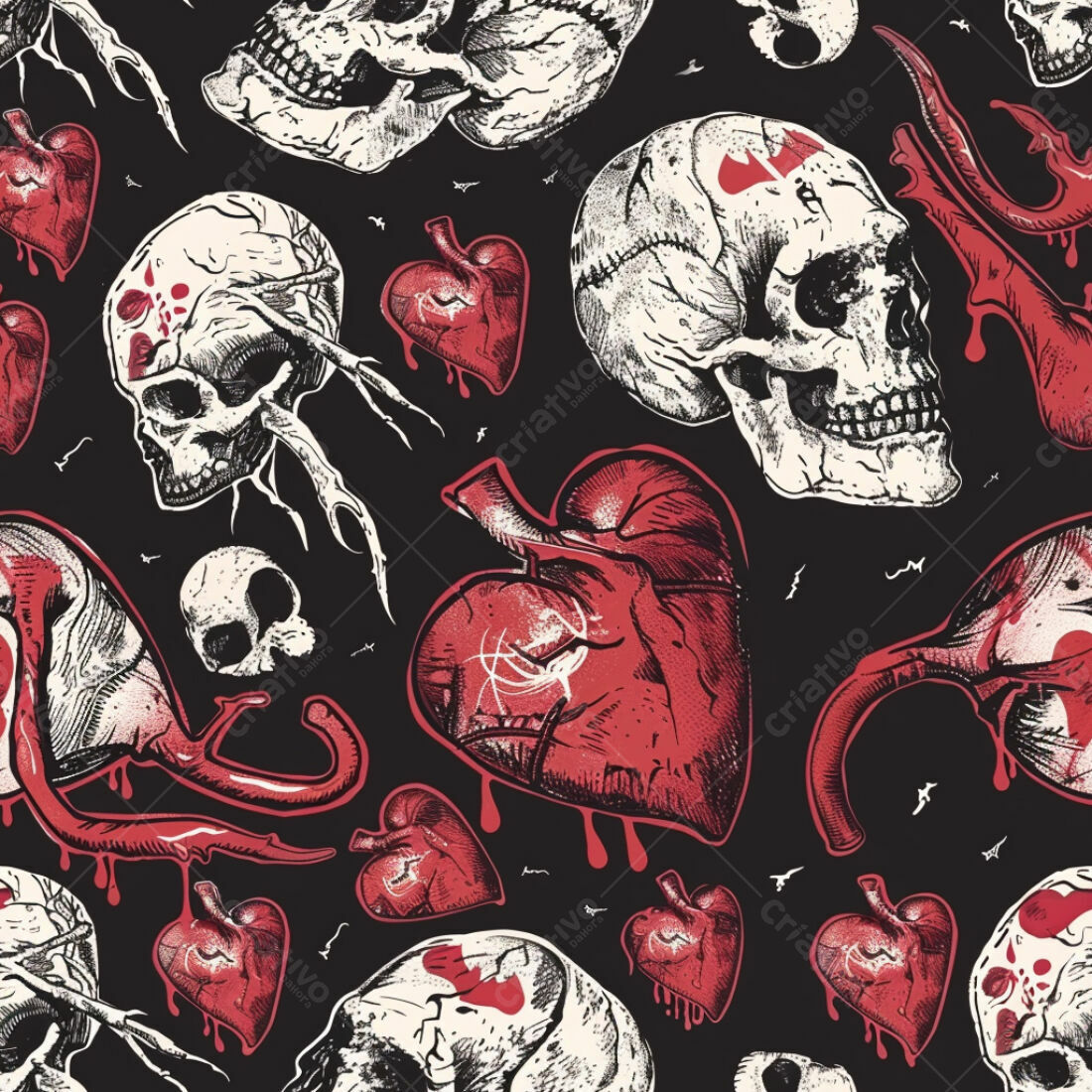 Textura Gótica Crânios e Corações para Fundo