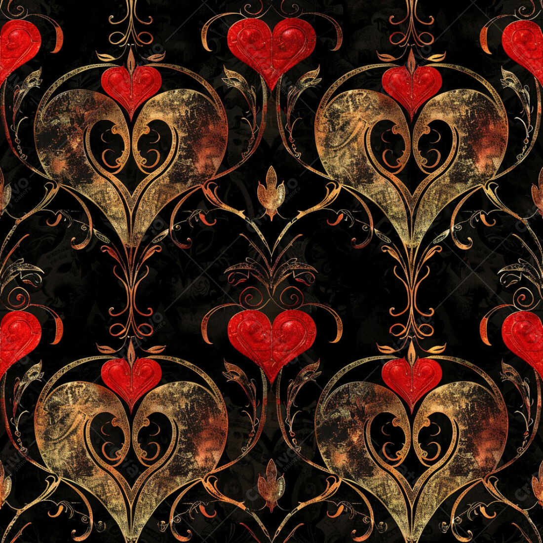 Textura floral corações vermelhos e dourado para papel de parede