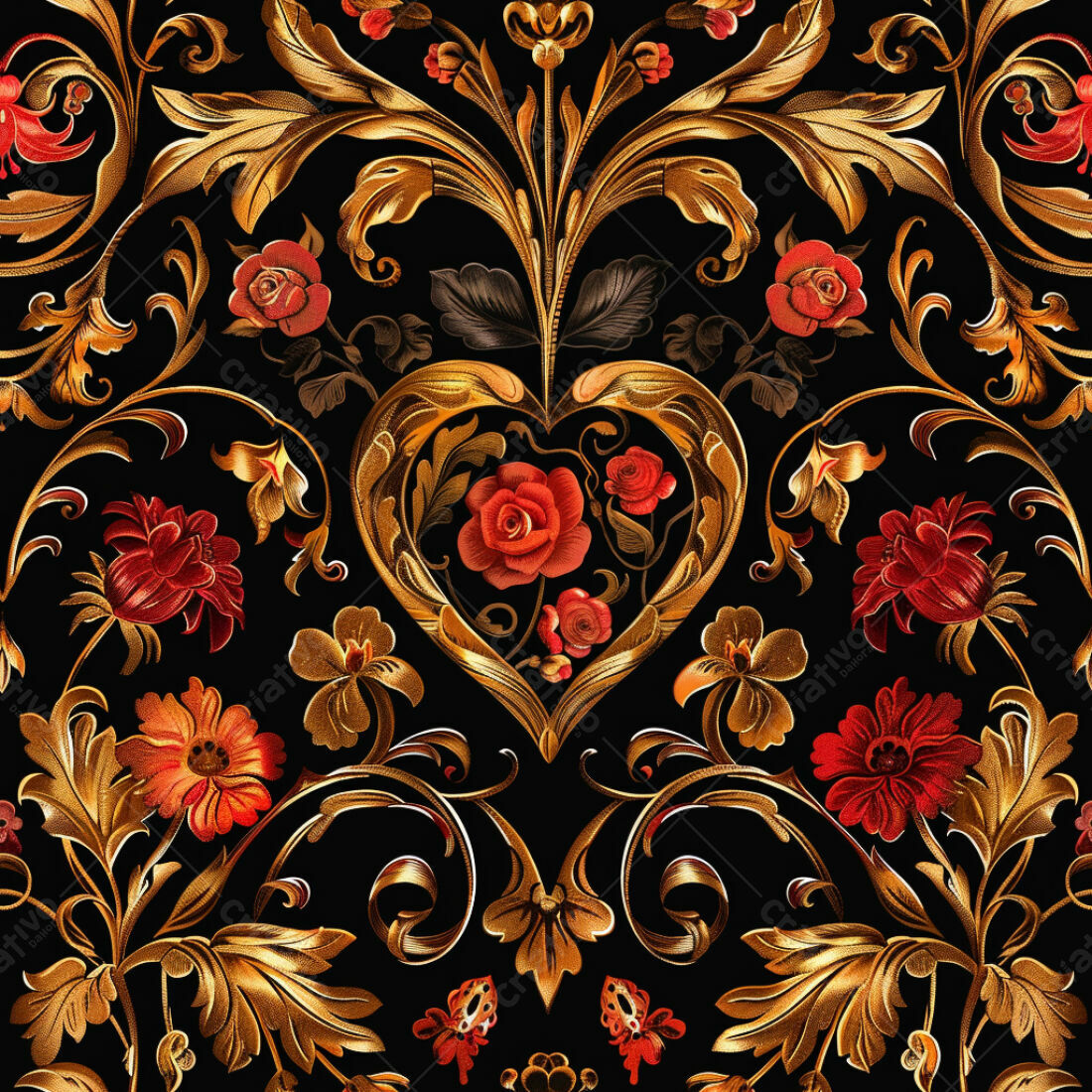 Textura floral dourada com coração para papel de parede